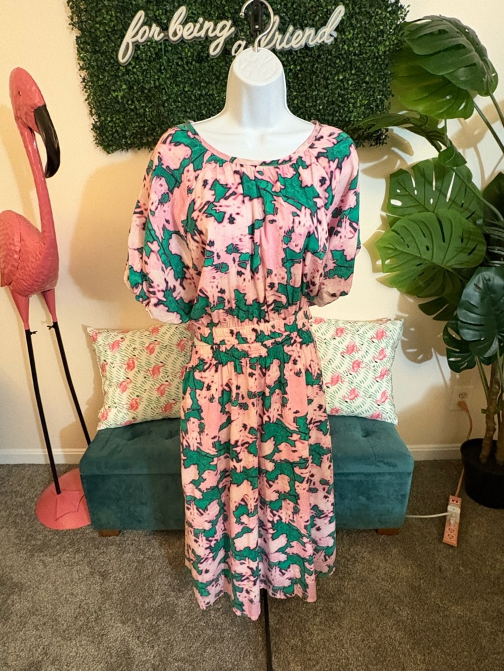 Chelsea28 Pink & Green Button Down Open-Back, Smocked-Waist Midi Dress